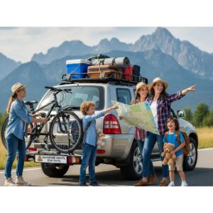 Family preparing for a road trip with a packed car and scenic backdrop
