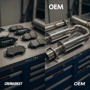 Comparison of aftermarket and OEM automotive parts on a workbench